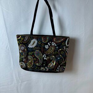 Beaded Sequin Paisley Satin Shoulder Bag with Double Straps Zipper Close